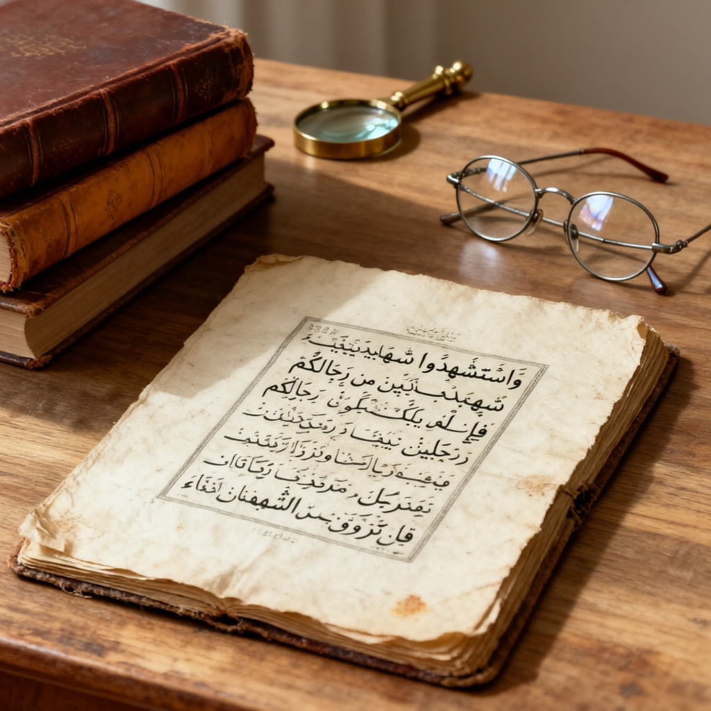لفهم السبب، يجب أن نذهب إلى النص العربي. تقرأ الآية جزئيًا: "وَاسْتَشْهِدُوا شَهِيدَي" loading=
