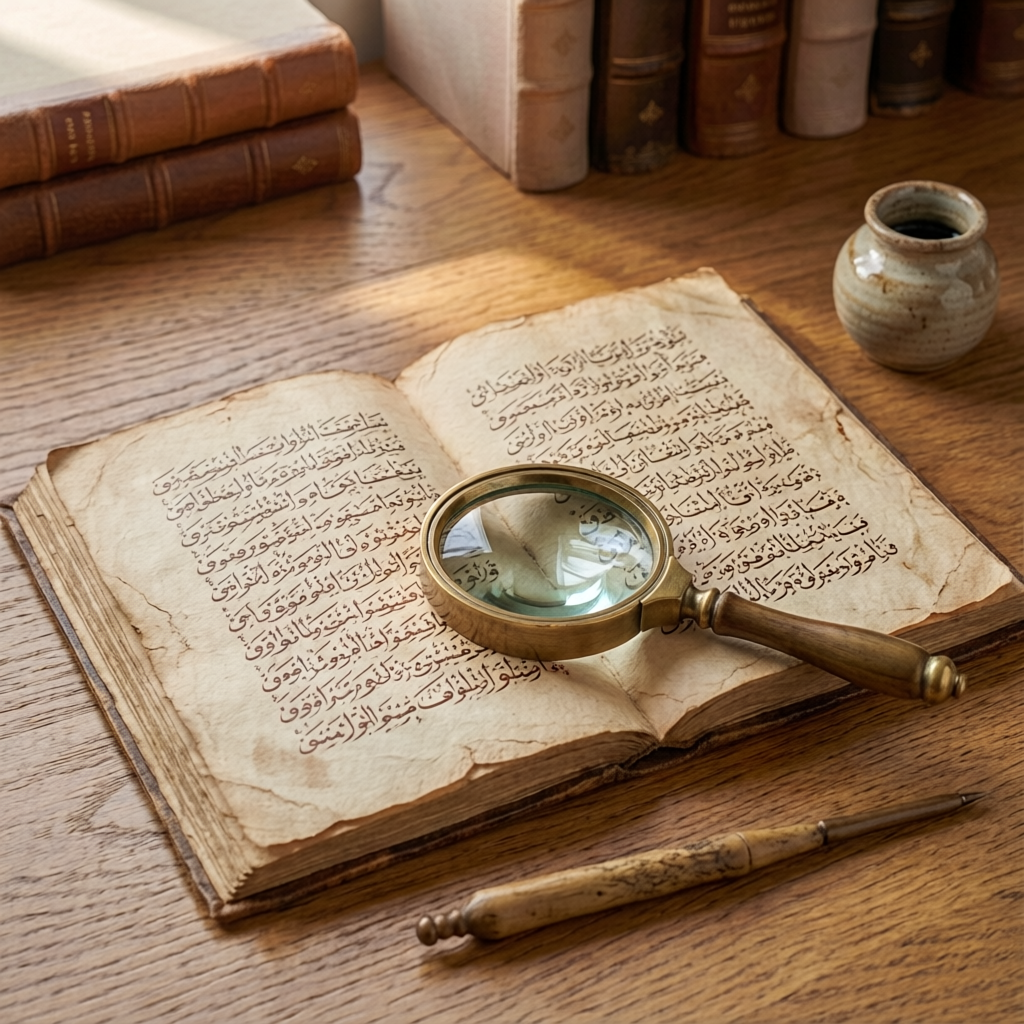 للحصول على تحقيق شامل، ابدأ دائمًا بالنص العربي والسياق المباشر. يقدم القرآن تفسيره الخاص داخل الآية